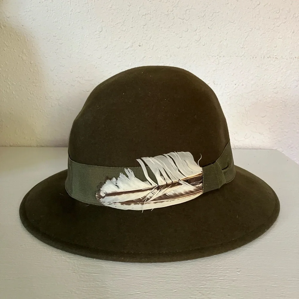 Halston Heritage Dark Green Hat with Feather Detail